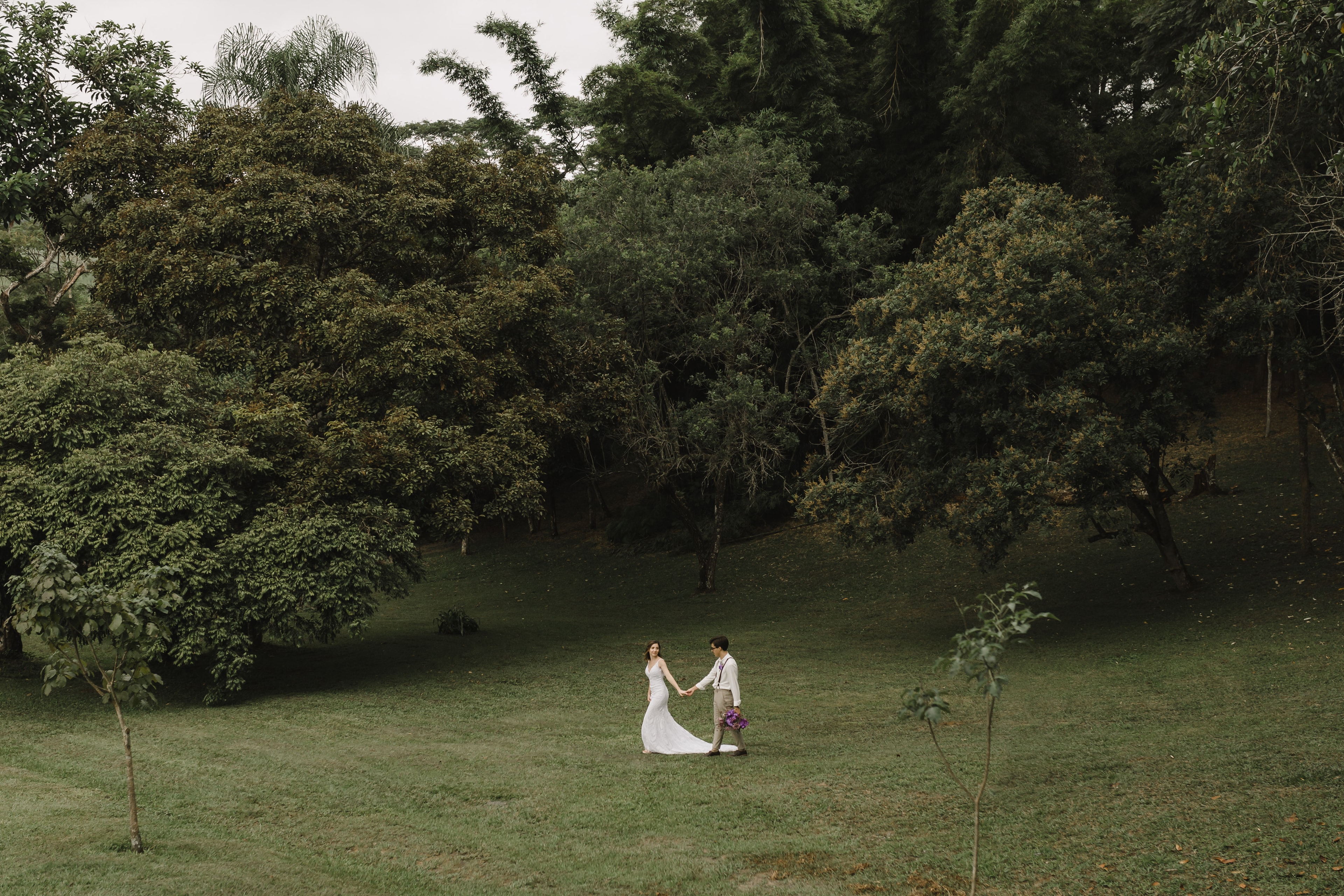 Casal caminhando de mãos dadas no gramado verde com floresta ao fundo